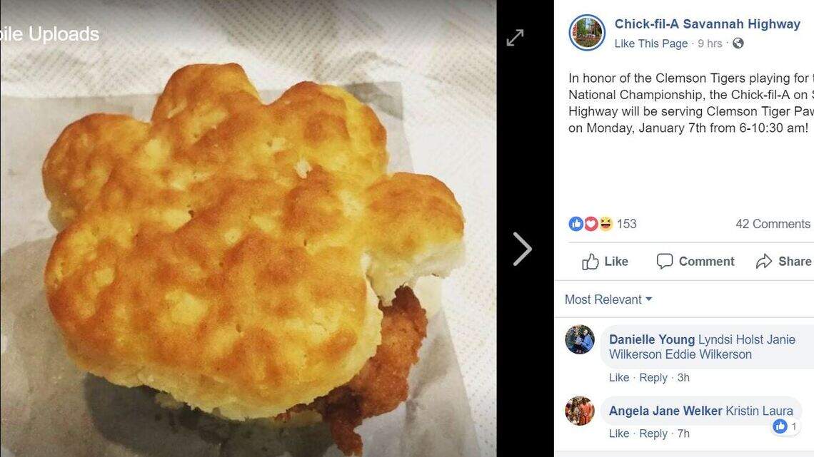 Select Chick-fil-A’s honoring Clemson’s title game berth with ‘Tiger Paw’ biscuits