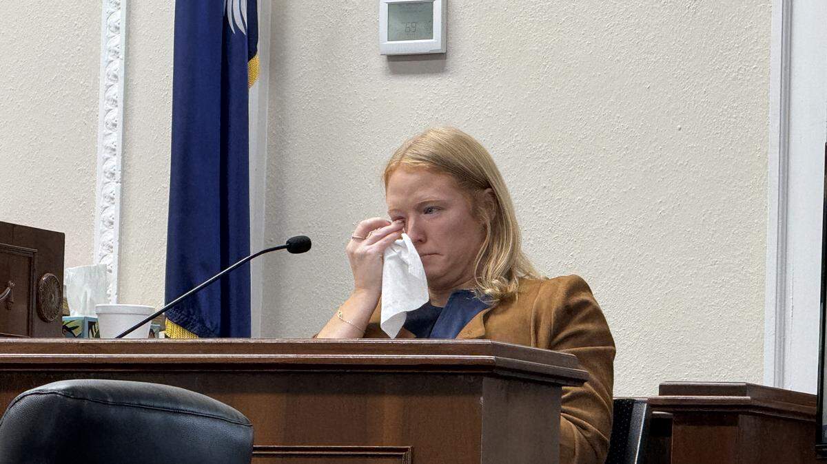 South Carolina crime podcaster Mandy Matney wipes away tears during questioning at an April 7 court hearing in a case involving leaked photos of Mallory Beach’s dead body.