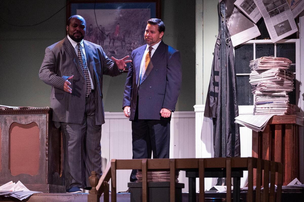 A dress rehearsal for Composure, a play by Jason Stokes, at Trustus Theatre on Tuesday, August 9, 2022. In this scene, Terrance Henderson, playing Ambrose Gonzales, decides a reporter from the News and Courier should take over The State’s coverage of the trial over his brother’s killing.