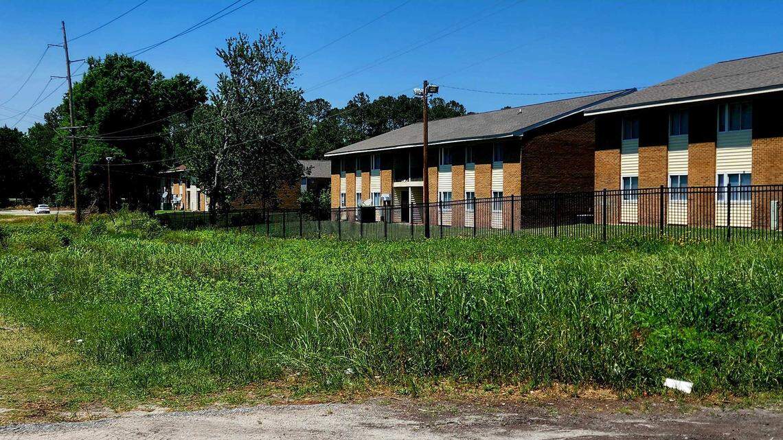 An overgrown grassy area at the back of the Colony Apartments separates it from North Pointe Estates in Columbia, S.C.