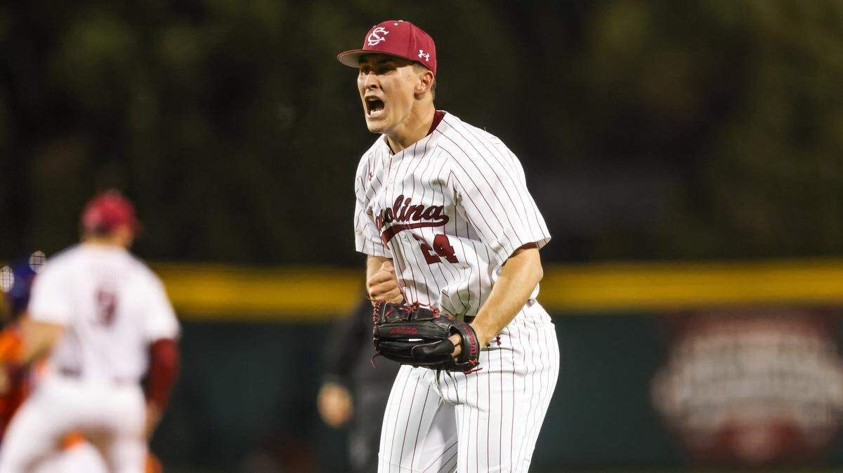 South Carolina pitcher Josh Gunther (24) reacts following a strikeout during South Carolina’s game against Clemson in Columbia on Friday, February 27, 2026.