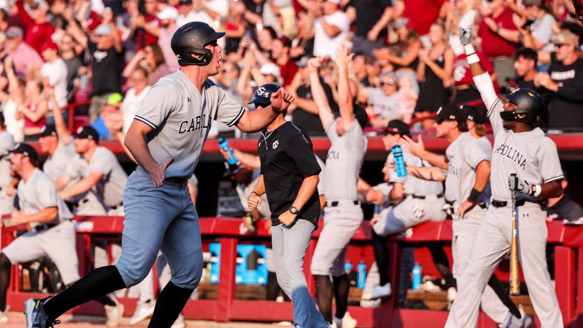 South Carolina Gamecocks RF Ethan Petry (20) celebrates after scoring against the Campbell Camels during their 2023 NCAA Columbia Regional game at Founders Park in Columbia, SC, Sunday, June 4, 2023.