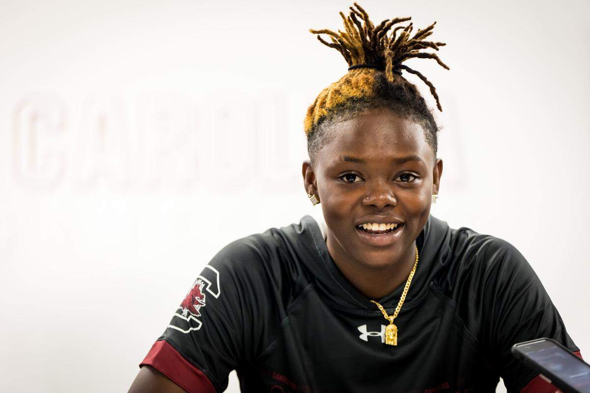 Sahnya Jah during a press conference at Carolina Coliseum in Columbia in 2023.