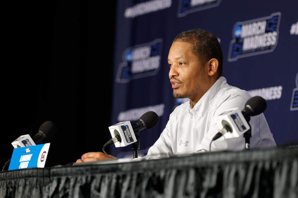 South Carolina head coach Lamont Paris speaks to media before playing the Oregon Ducks at the PPG Paints Arena on Wednesday, March 20, 2024.