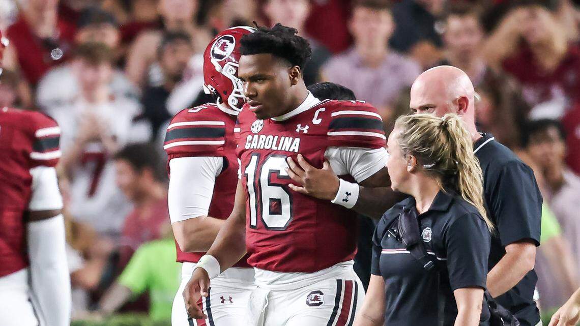 South Carolina quarterback LaNorris Sellers (16) walks off the field following a hit during the first half of the Gamecocks’ game against Vanderbilt at Williams-Brice Stadium in Columbia on Saturday, September 13, 2025.
