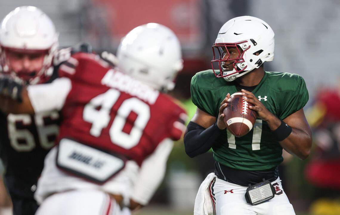 South Carolina quarterback Air Noland (11) looks to pass during the Garnet and Black Spring Game in Columbia on Friday, April 18, 2025.
