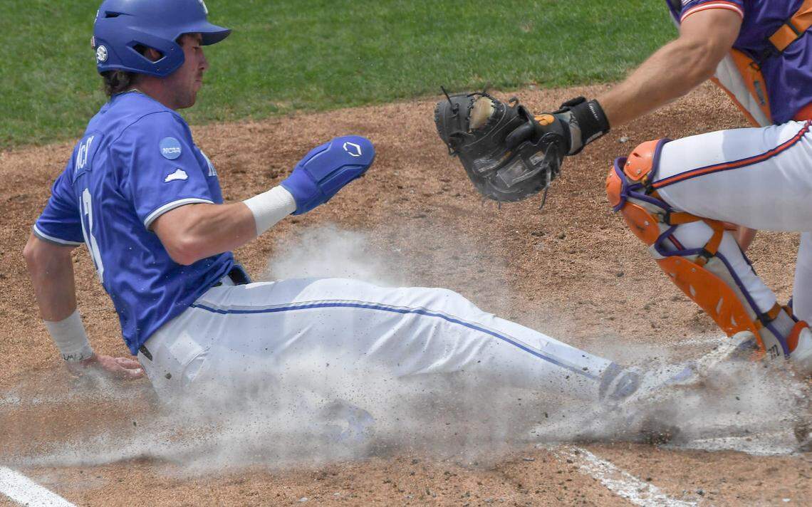 University of Kentucky junior James McCoy (13) scores during the bottom of the first inning at the NCAA baseball Clemson Regional at Doug Kingsmore Stadium in Clemson, S.C. Sunday, June 1, 2025.