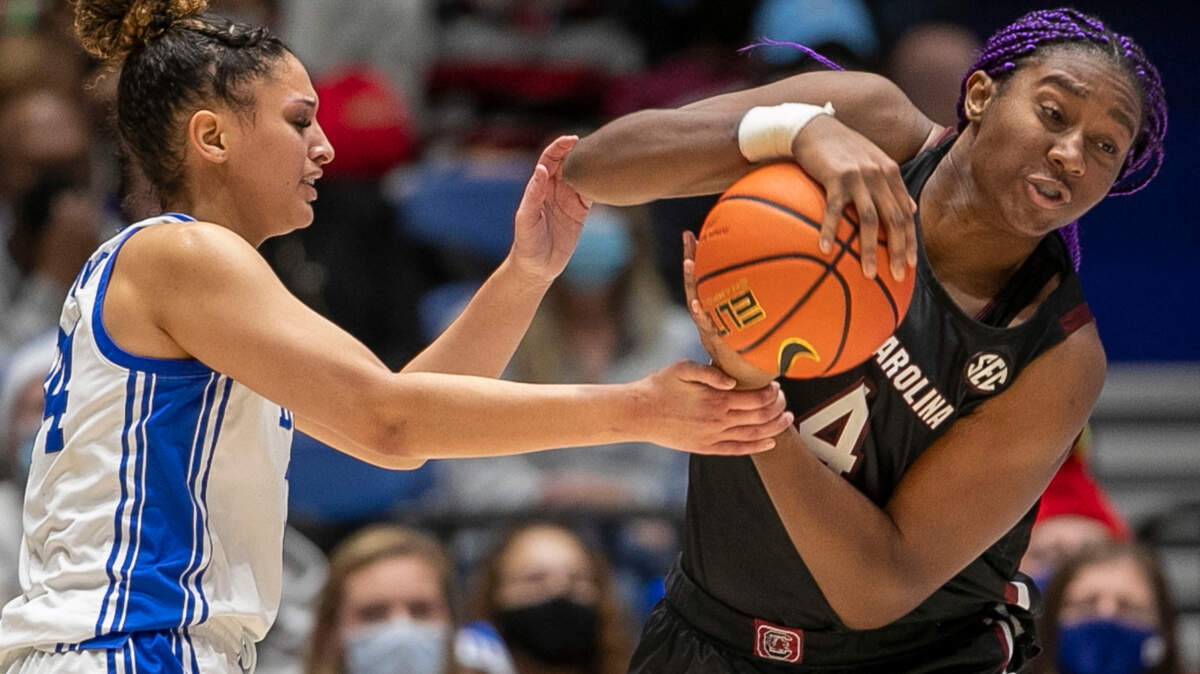 South Carolina’s Aliyah Boston (4) secures the ball against Duke’s Shayeann Day-Wilson (30) on Wednesday, December 15, 2021 at Cameron Indoor Stadium in Durham, N.C.