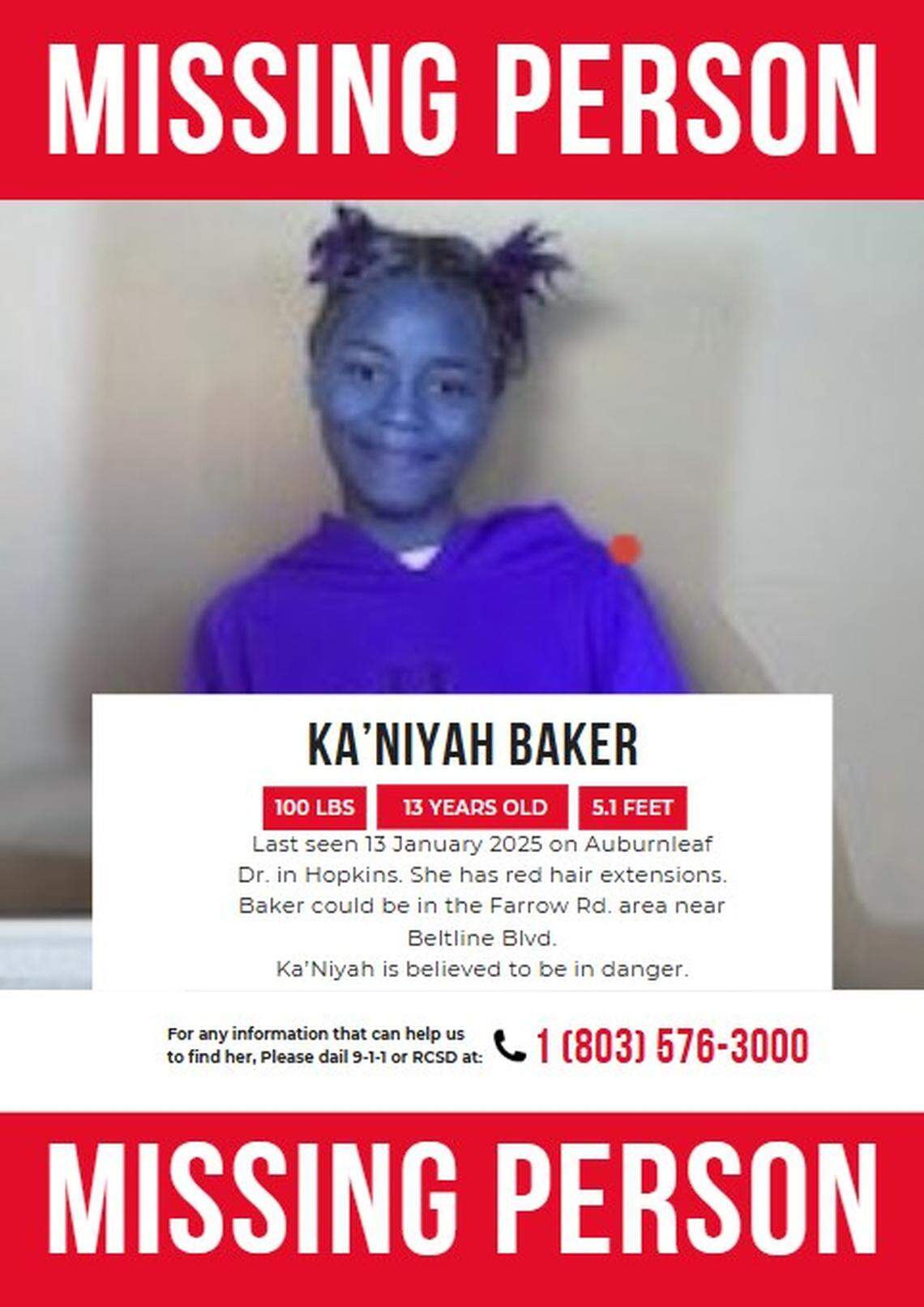 Ka’Niyah Baker was reported missing by the Richland County Sheriff’s Department.
