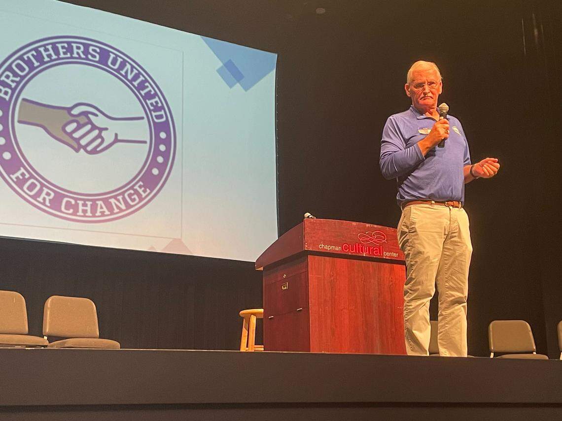 Jimmy MacPhee speaks at a gathering of Brothers United For Change in Spartanburg in August.