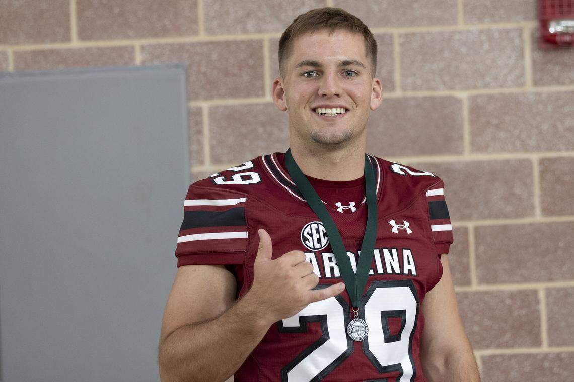 South Carolina football freshman Gunnar Yocum (29) appears at the annual Pigskin Poets event held Friday, July 12, 2024 at Drew Wellness Center in Columbia.