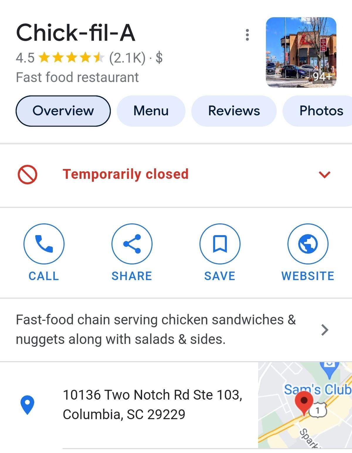 A screenshot that shows the Chick-fil-A at 10136 Two Notch Road is closed.
