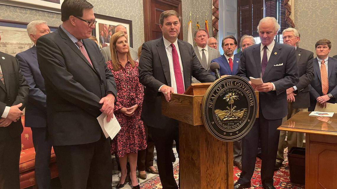 House Ways and Means Chairman Murrell Smith, R-Sumter, discusses a proposed tax cut along with Speaker of the House Jay Lucas, R-Darlington and Gov. Henry McMaster.