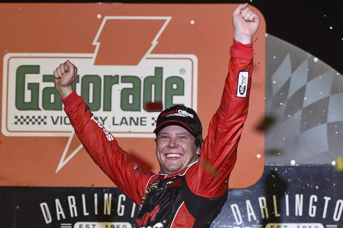 Erik Jones celebrates his victory after a NASCAR Cup Series auto race on Sunday, Sept. 1, 2019, at Darlington Raceway in Darlington, S.C. Jones held off Joe Gibbs Racing teammate Kyle Busch to win the rain-delayed Southern 500 that ended early Monday morning, Sept. 3, 2019.