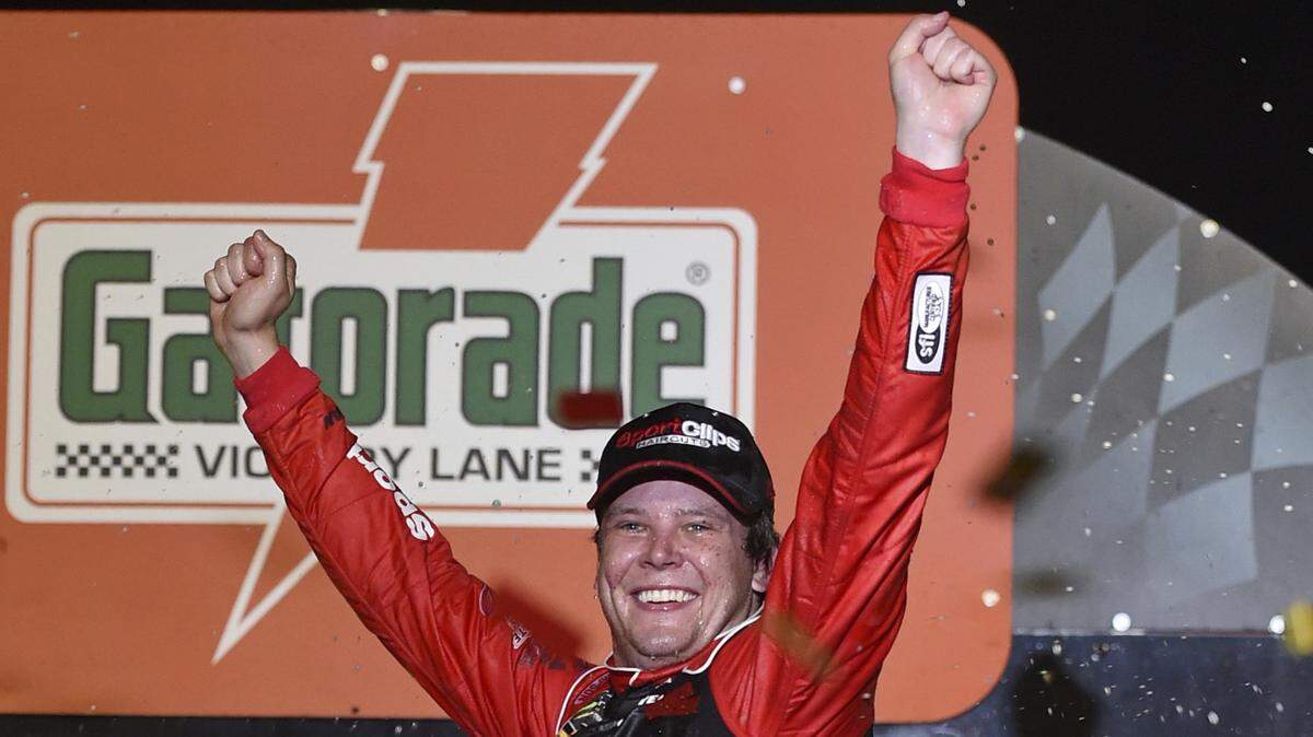 Erik Jones celebrates his victory after a NASCAR Cup Series auto race on Sunday, Sept. 1, 2019, at Darlington Raceway in Darlington, S.C. Jones held off Joe Gibbs Racing teammate Kyle Busch to win the rain-delayed Southern 500 that ended early Monday morning, Sept. 3, 2019.