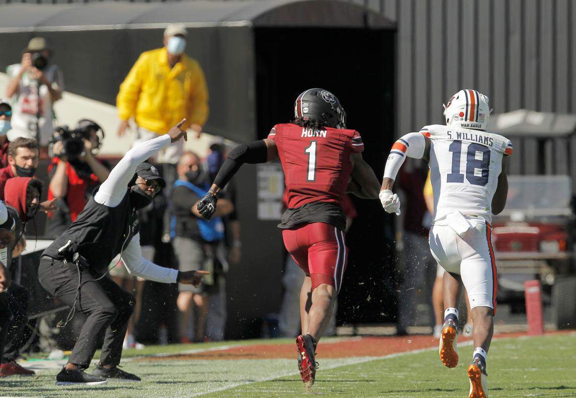 South Carolina defensive back Jaycee Horn (1) intercepts a pass in front of Auburn wide receiver Seth Williams (18) and goes the other way in 2020.