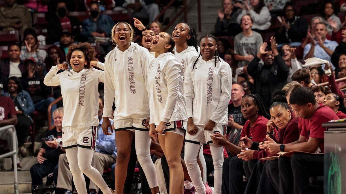The Gamecocks celebrate during the first half of action against Clayton State in the Colonial Life Arena on Monday, Oct. 28, 2024.