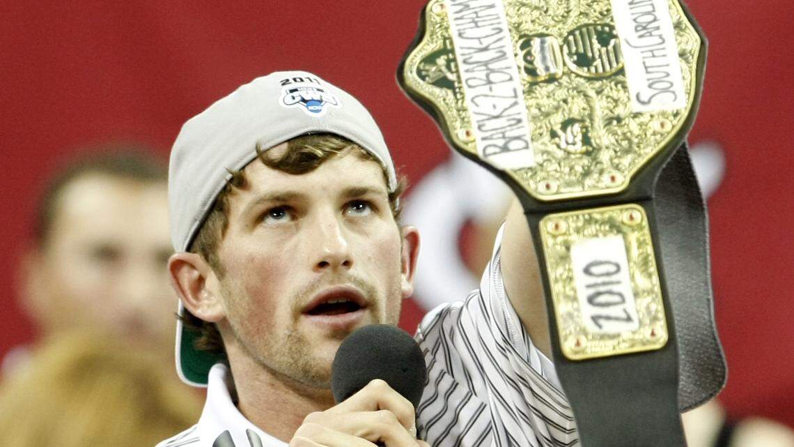 USC second baseman Scott Wingo addresses a crowd of over 11,000 fans at the Colonial Life Arena during a celebration for winning the 2011 national championship.