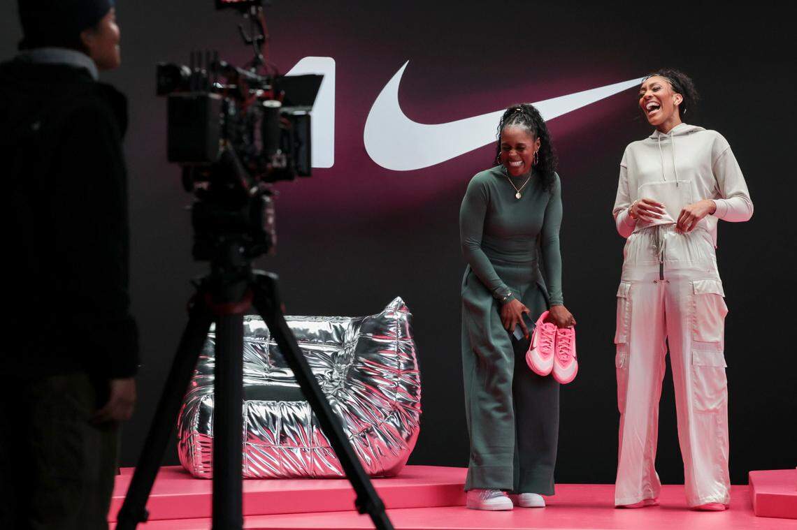 A’ja Wilson and actress Issa Rae enjoy a laugh during the taping of a show for Nike social media of her Nike Signature shoe and clothing line in Columbia on Monday, Feb. 3, 2025.