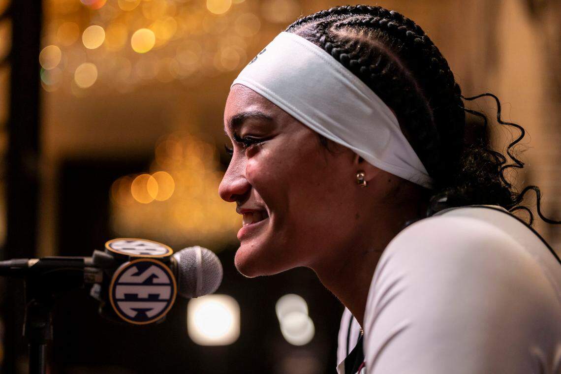 Oct 19, 2023; Birmingham, AL, USA; South Carolina Gamecocks guard Te-Hina Paopao talks with the media during the SEC Basketball Tipoff at Grand Bohemian Hotel Mountain Brook. Mandatory Credit: Vasha Hunt-USA TODAY Sports