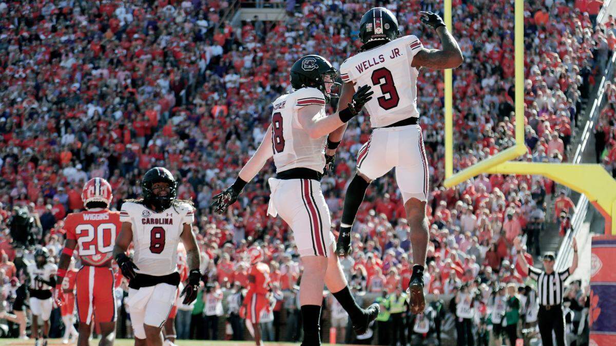 South Carolina running back Christian Beal-Smith (8), tight end Austin Stogner (18) and wide receiver Antwane Wells Jr. (3) were big-time additions from the transfer portal last offseason.