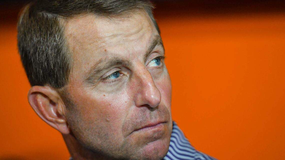 Clemson head coach Dabo Swinney speaks during Clemson Media Outing & Open House at the Allen N. Reeves Football Complex in Clemson Tuesday, July 18, 2023.
