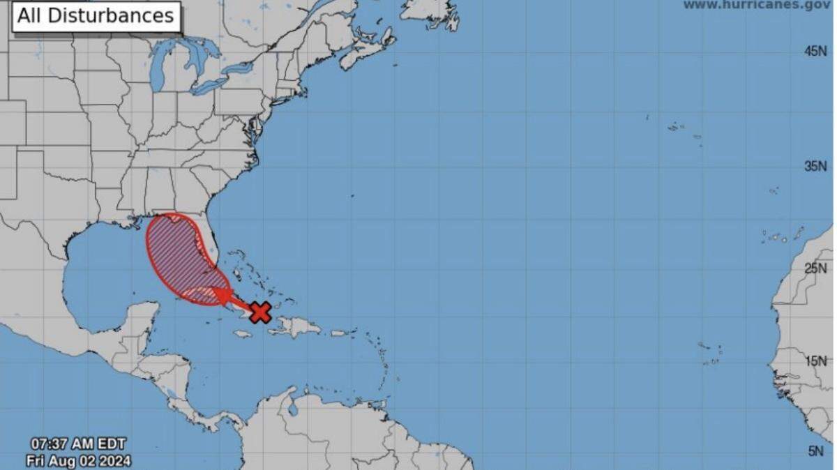 An illustration of the development of a possible tropical system in the Gulf of Mexico.