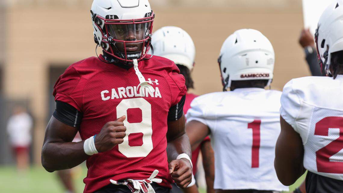 South Carolina wide receiver Nyck Harbor runs drills during the first day of practice in Columbia on Friday, August 4, 2023. 