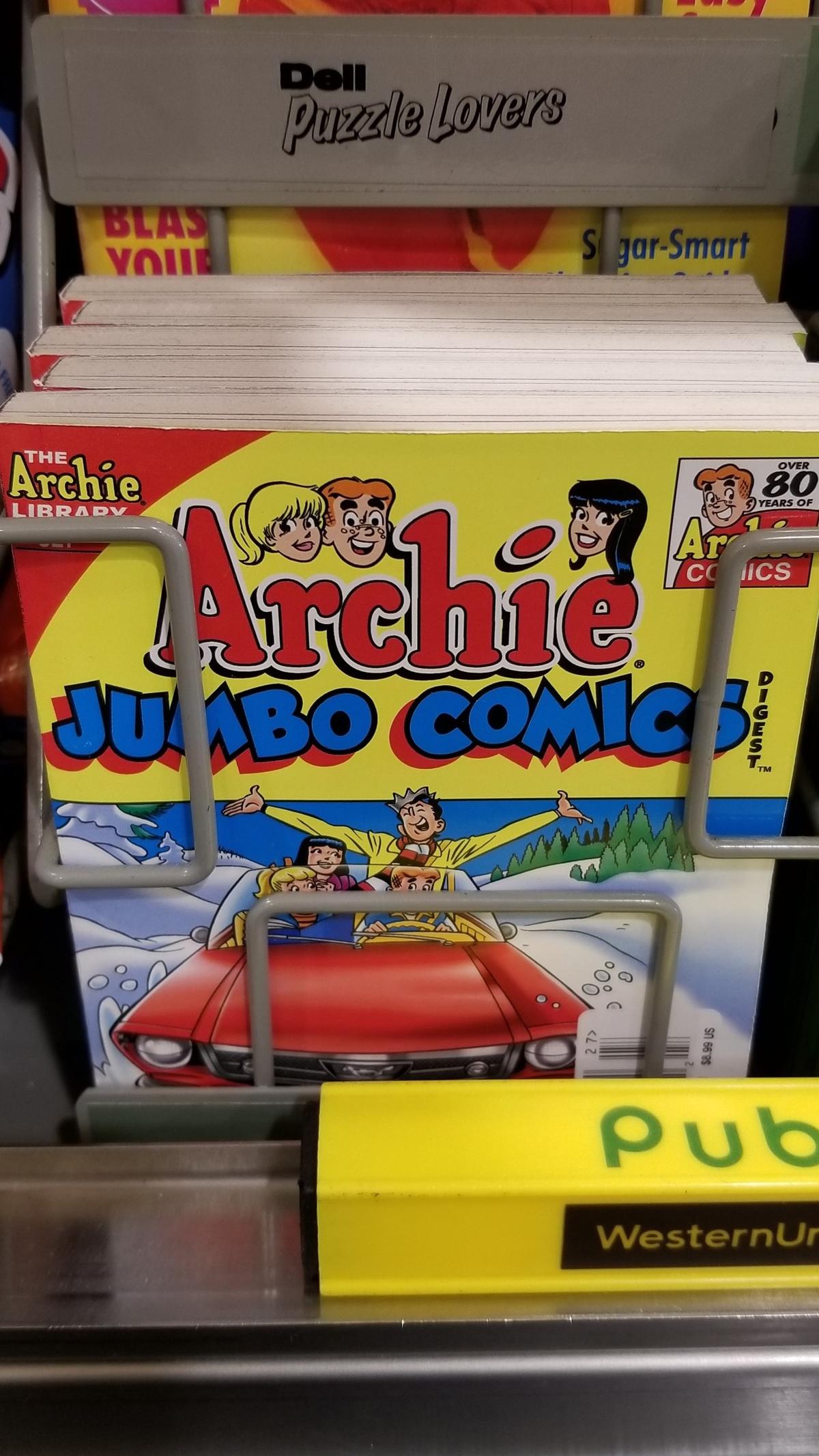 Archie Digest comic books near the cash register are a staple of the supermarket.
