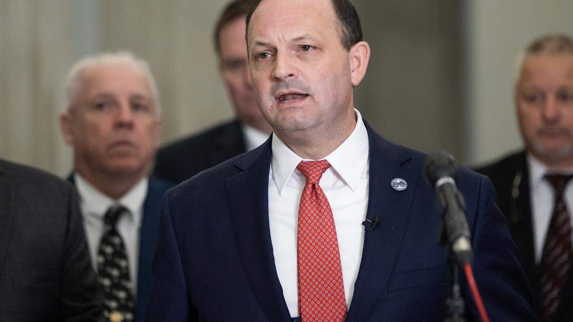 South Carolina Attorney General Alan Wilson speaks to reporters about proposals he would like legislative branch to make law this session in the State House on Thursday, October 30, 2025.
