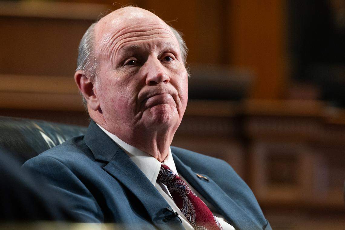 Senate President Thomas Alexander, R-Oconee, joins the state senate GOP leadership to speak with media in the senate chambers on Wednesday, January 7, 2026.