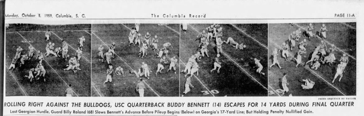 Photos of former South Carolina QB Buddy Bennett — the father of Georgia QB Stetson Bennett IV — appear in the 1959 Columbia Record newspaper. Stetson Bennett IV has a chance to win Georgia a national title on Monday night.
