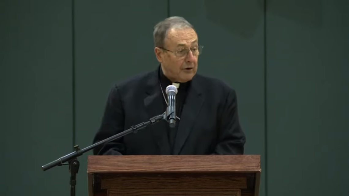 Bishop Robert E. Guglielmone, head of the Roman Catholic Diocese of Charleston, addresses students at St. Anthony of Padua Catholic School in Greenville on Wednesday, April 14, 2021. At the school, he announced a federal lawsuit that seeks to alter the South Carolina Constitution so that private schools can receive federal COVID-19 relief dollars.  