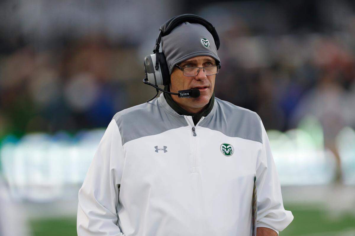 From Nov. 29, 2019, Colorado State head coach Mike Bobo walks the sidelines in the second half of an NCAA college football game against Boise State in Fort Collins, Colo. Boise State won 31-24.