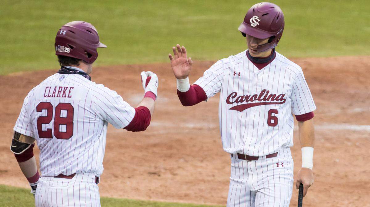 South Carolina’s George Callil (6) and Wes Clarke (28) each had home runs on Tuesday.