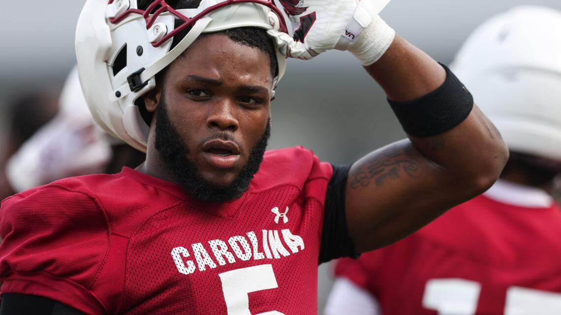 South Carolina running back Raheim Sanders (5) runs drills during practice in Columbia on Saturday, August 3, 2024.