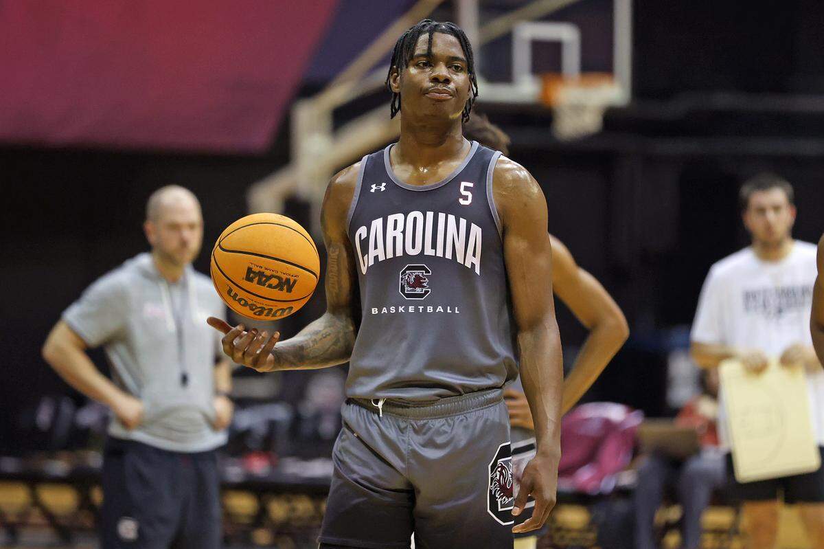 South Carolina’s Nick Pringle during a summer men’s basketball practice on Tuesday, July 30, 2024 inside Carolina Coliseum.