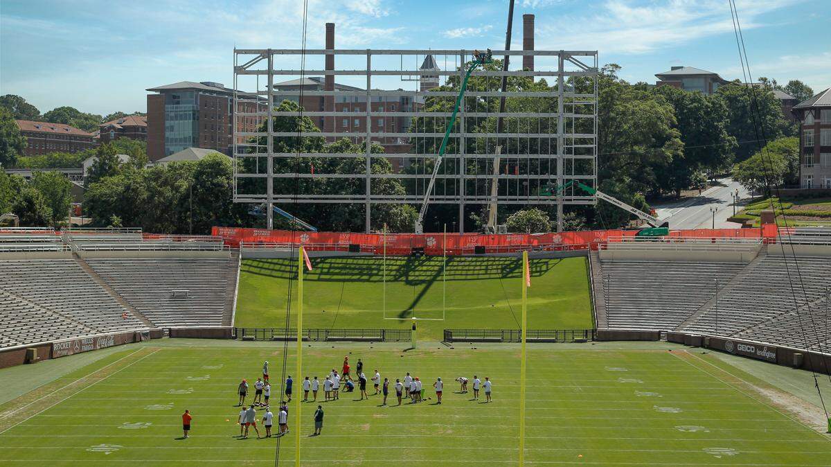 The new Clemson video board is seen under construction on June 2, 2022 in Clemson, S.C. The board is over 7,000 square feet, measuring 126 ft. wide and 57 ft. tall. (Travis Bell/SIDELINE CAROLINA)