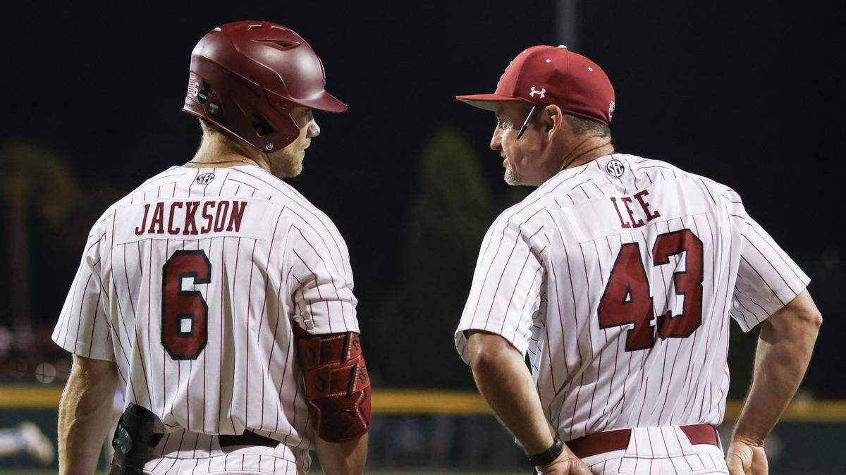 South Carolina outfielder Blake Jackson (6) speaks with assistant coach Monte Lee before his last at in which he hit a two-run home run during the Gamecocks’ game against Kentucky at Founders Park in Columbia on Friday, April 26, 2024.