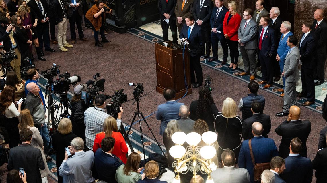 Florida Governor Ron DeSantis speaks at the South Carolina State House on Tuesday, January 16, 2024. DeSantis thanked South Carolina lawmakers for bills banning surgical interventions for transgender children, which there is no evidence happens in South Carolina.