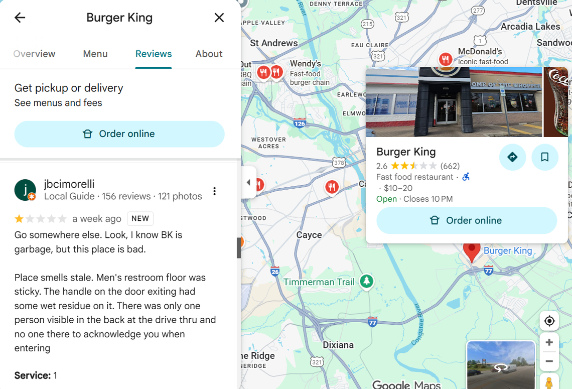 Google Maps review for Burger King on 2020 Bluff Road.
