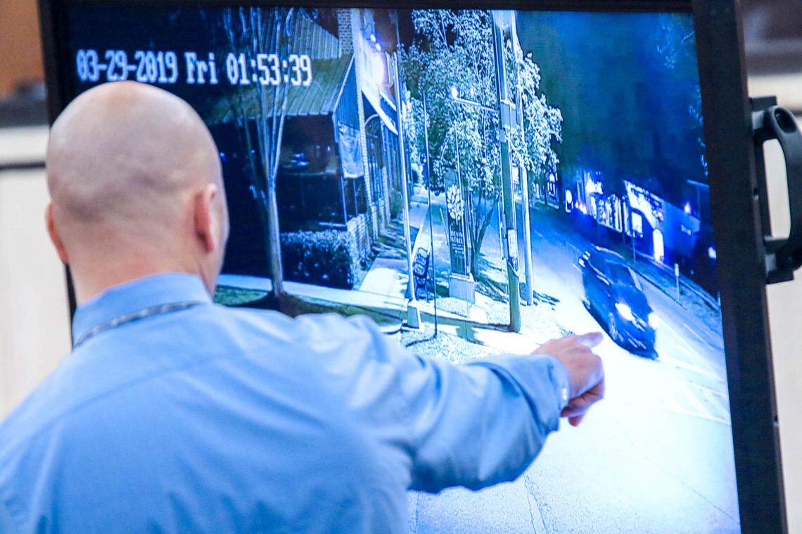 Justin Martin, a video technician with the Fifth Circuit Solicitor’s office, testifies about videos obtained from The Bird Dog Cafe and security cameras in the Five Points area during the trial of Nathaniel Rowland on Monday, July 26, 2021 in Richland County Circuit Court. Rowland is accused of killing Samantha Josephson after luring her into his car.