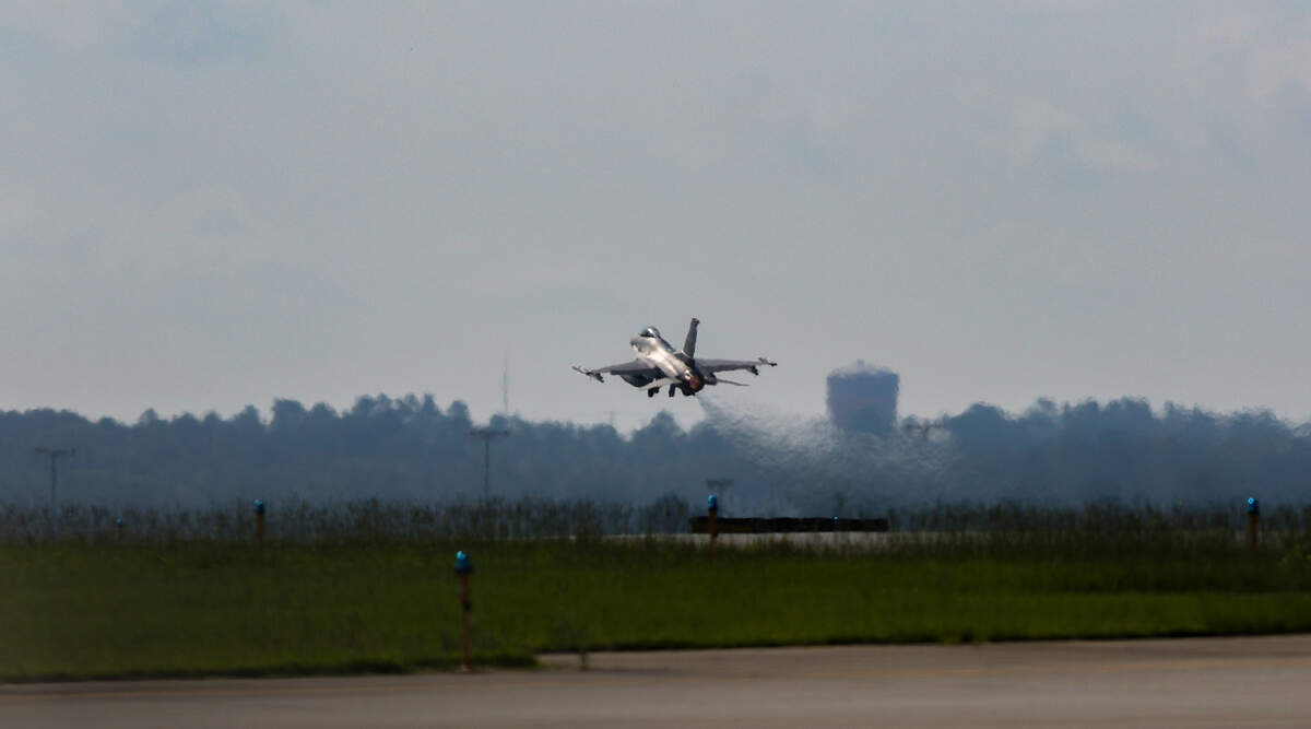 The 169th Fighter Wing of the South Carolina Air National Guard is temporarily stationed at the Columbia Metropolitan Airport while renovations take place at their home at McEntire Joint National Guard Base. The unit, with 25 F-16 jets will conduct its training daily.