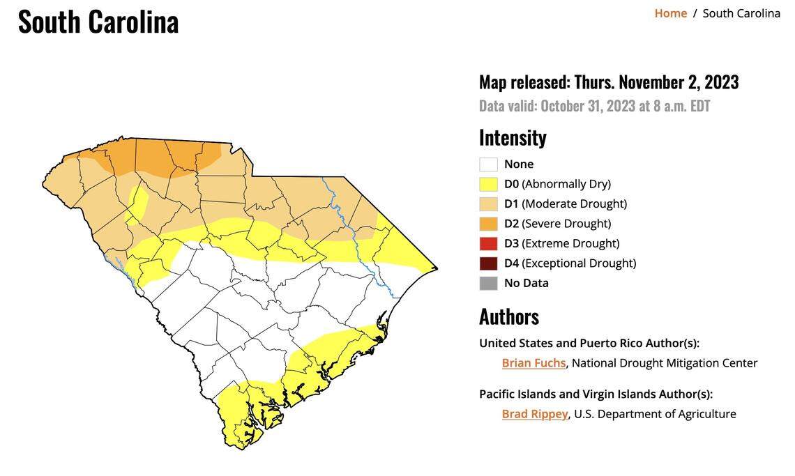 A map of current drought conditions across South Carolina.