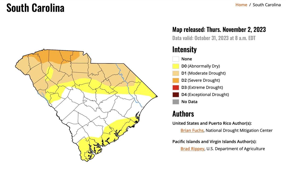 A map of current drought conditions across South Carolina.