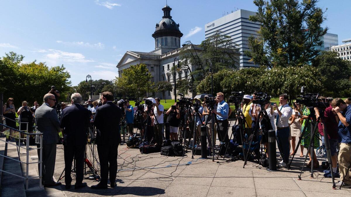 Senator Dick Harpootlian speaks to media after filing an appeal in Alex Murdaugh’s murder trial in front of the South Carolina Court of Appeals on Tuesday, September 5, 2023. Harpootlian and his team allege that Colleton County Clerk of Court Becky Hill unlawfully tampered with the trial’s jury.