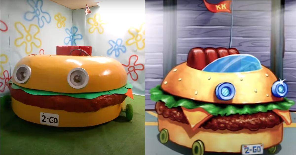An image of the Patty Wagon made by Chay Denne, next to an image of the vehicle from the animated “SpongeBob SquarePants Movie.”