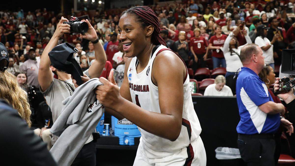 South Carolina Gamecocks forward Aliyah Boston (4) celebrates her team’s win over Maryland in the Elite 8 round of the 2023 NCAA Tournament at Bon Secours Wellness Arena in Greenville on Monday, March 27, 2023.