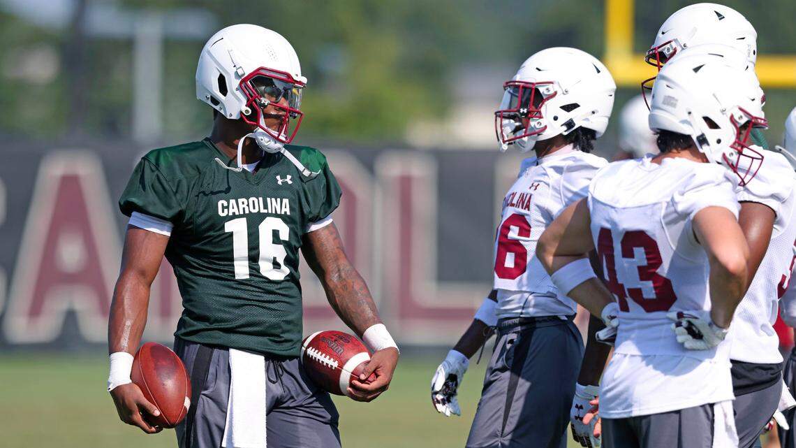 South Carolina quarterback LaNorris Sellers on Friday at the Gamecocks’ first practice of the 2024 preseason.