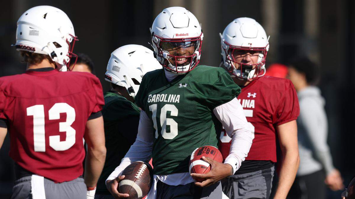 South Carolina quarterback LaNorris Sellers (16) practices during the Gamecocks’ first day of spring practice in Columbia on Wednesday, March 19, 2025.


